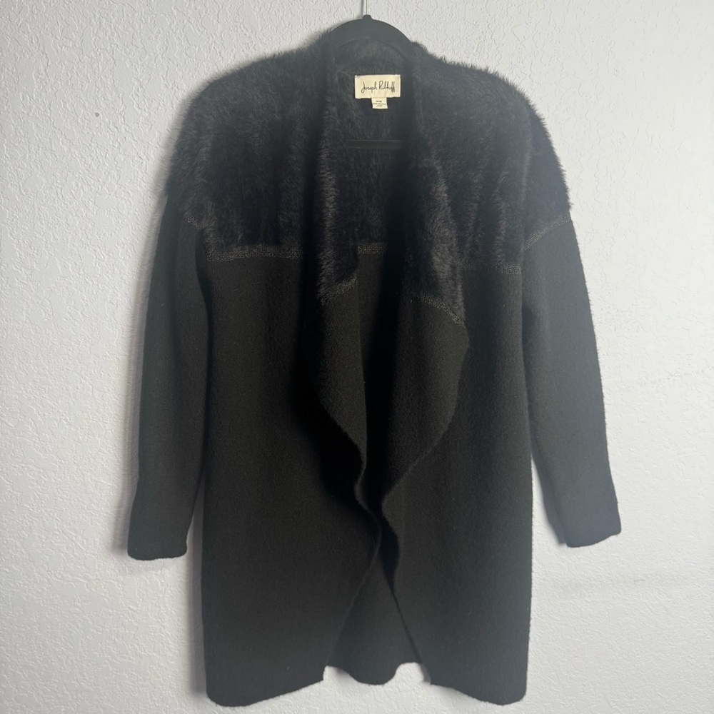 Joseph Ribkoff Black Faux Fur Trim Long Line Waterfall Cardigan Medium
